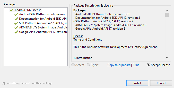 Android SDK manager accept license agreements