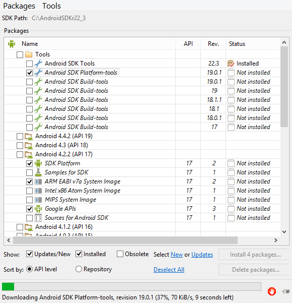 Android SDK manager installation complete