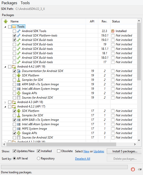 Android SDK manager select packages